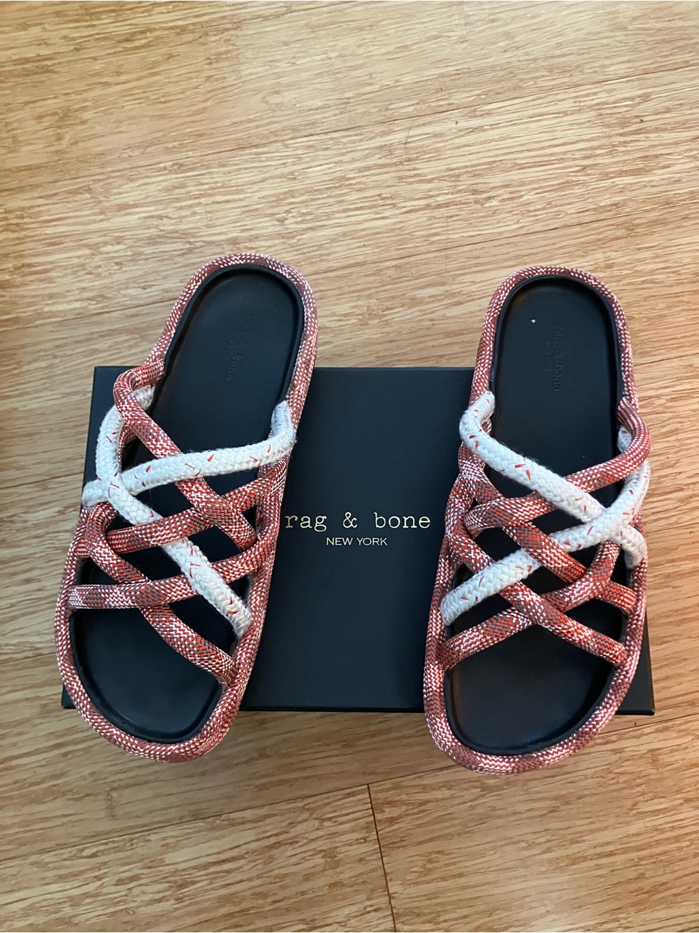 Red and white Rag & Bone rope platform sandal slides